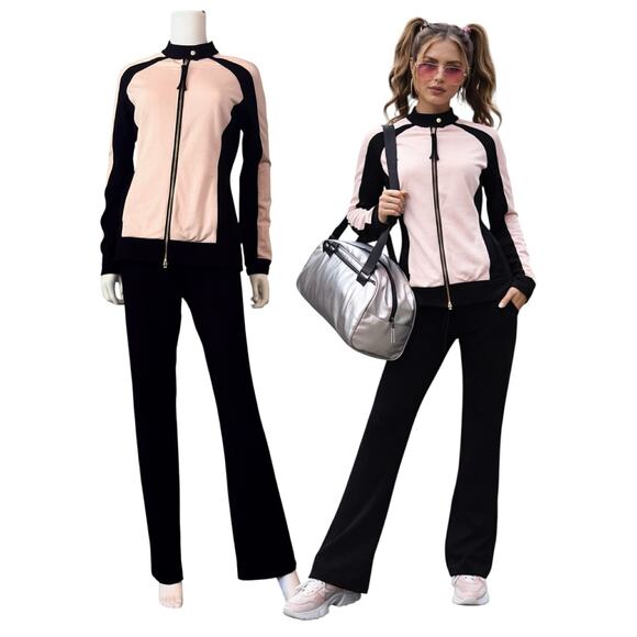 Y2K Neiman Marcus Track Suit Set Size M Pink Black Jacket Flare Pants Barbiecore